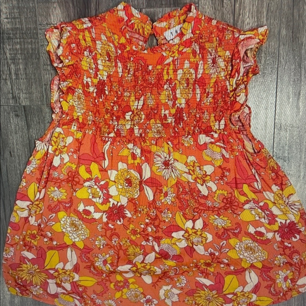 THML Orange Floral Smocked Cap-Sleeve Top
